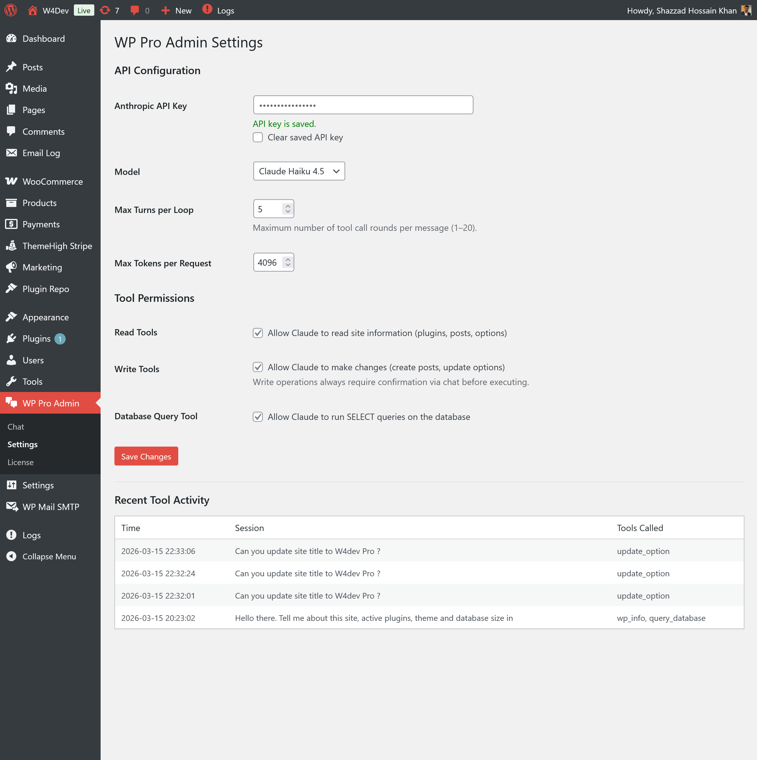 WP Pro Admin settings page showing API key, model selection, and tool permissions